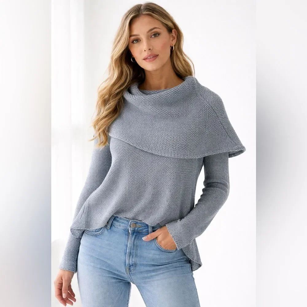 Elan Women's Soft Grey Off-Shoulder Knit Sweater – Flowy Hem & Statement Sleeves
